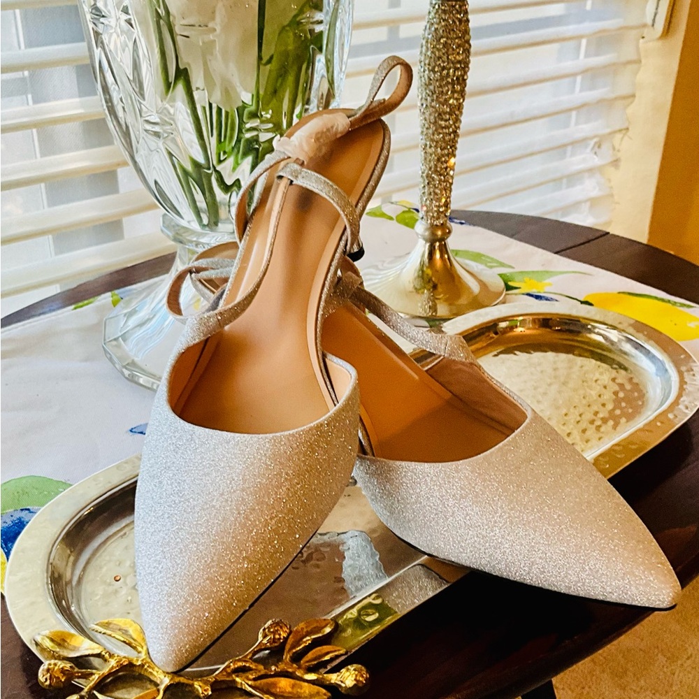 Glitter Pointed Toe Slingback Flats - Silver